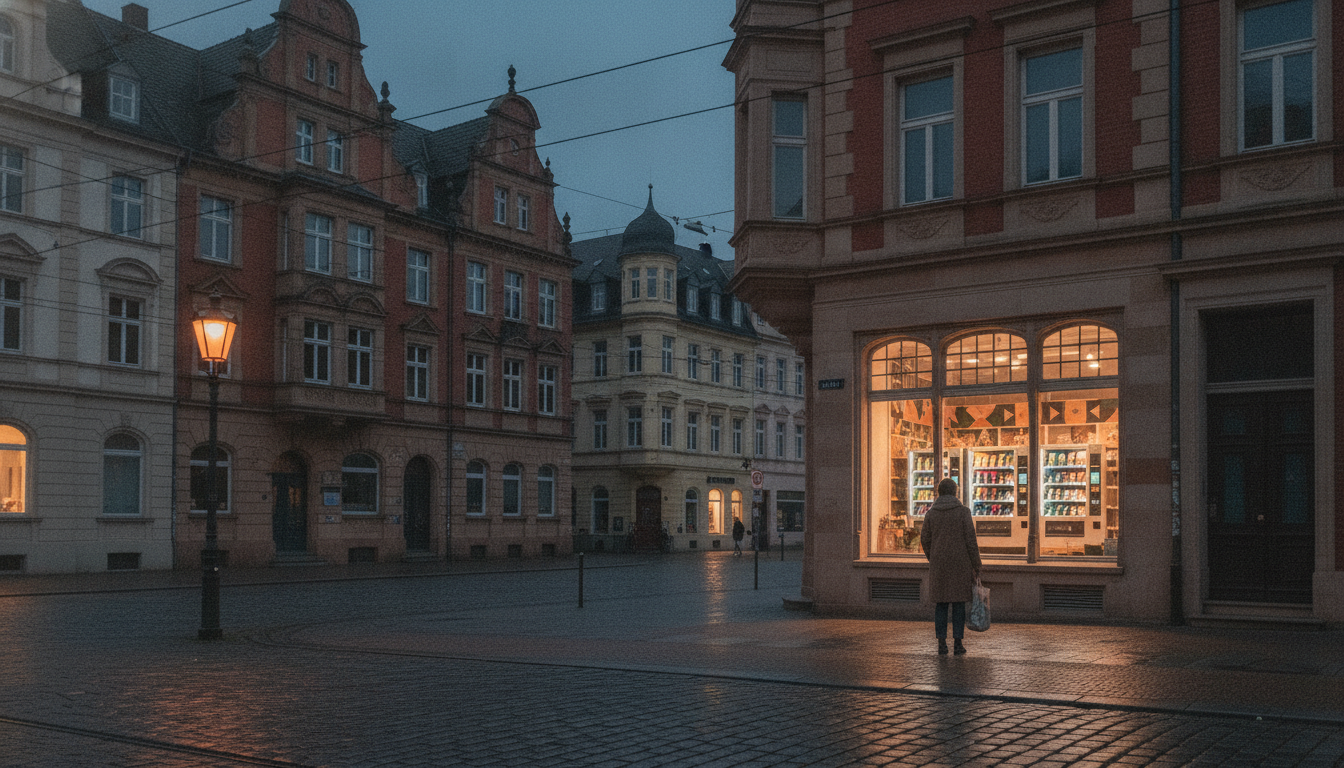 Illustration: Automaten-Laden in Gründerzeit-Fassade am Abend