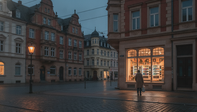 Illustration: Automaten-Laden in Gründerzeit-Fassade am Abend