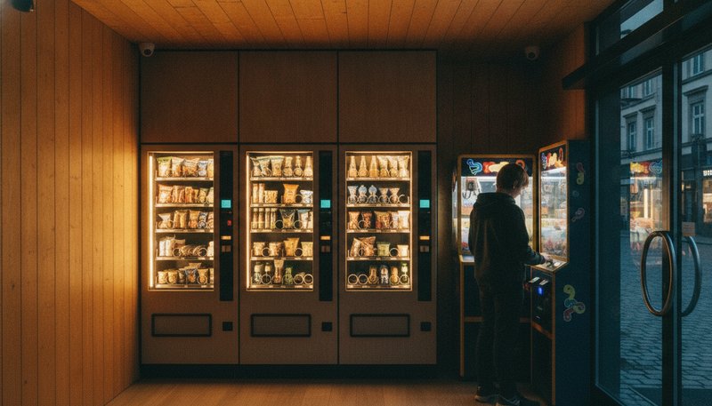 Illustration: Automatenkiosk mit Automatenreihe und Greifautomat, nachts geöffnet