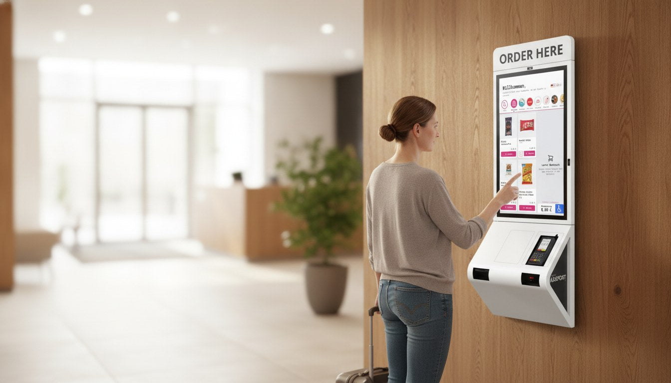 CleverCart auf wandmontiertem Self-Checkout-Kiosk in einer Hotellobby