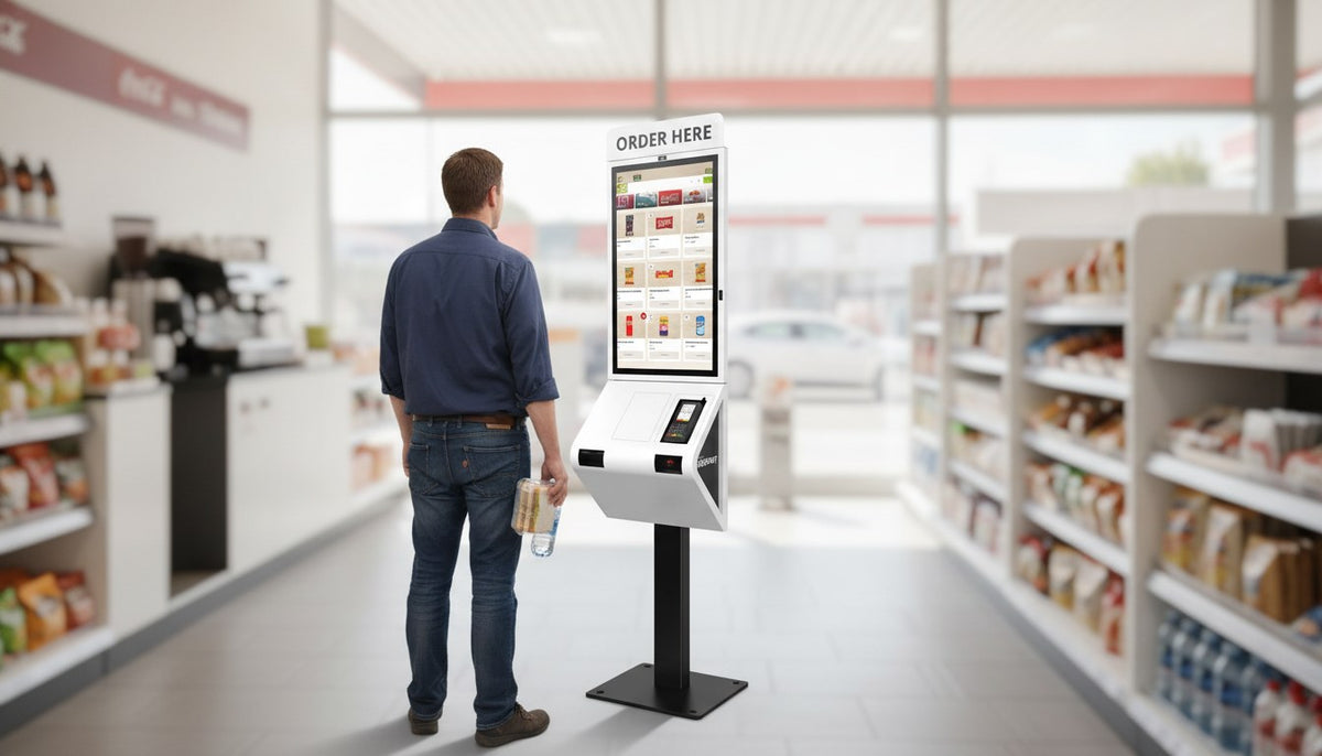 CleverCart auf Standfu&szlig;-Kiosk im Tankstellenshop