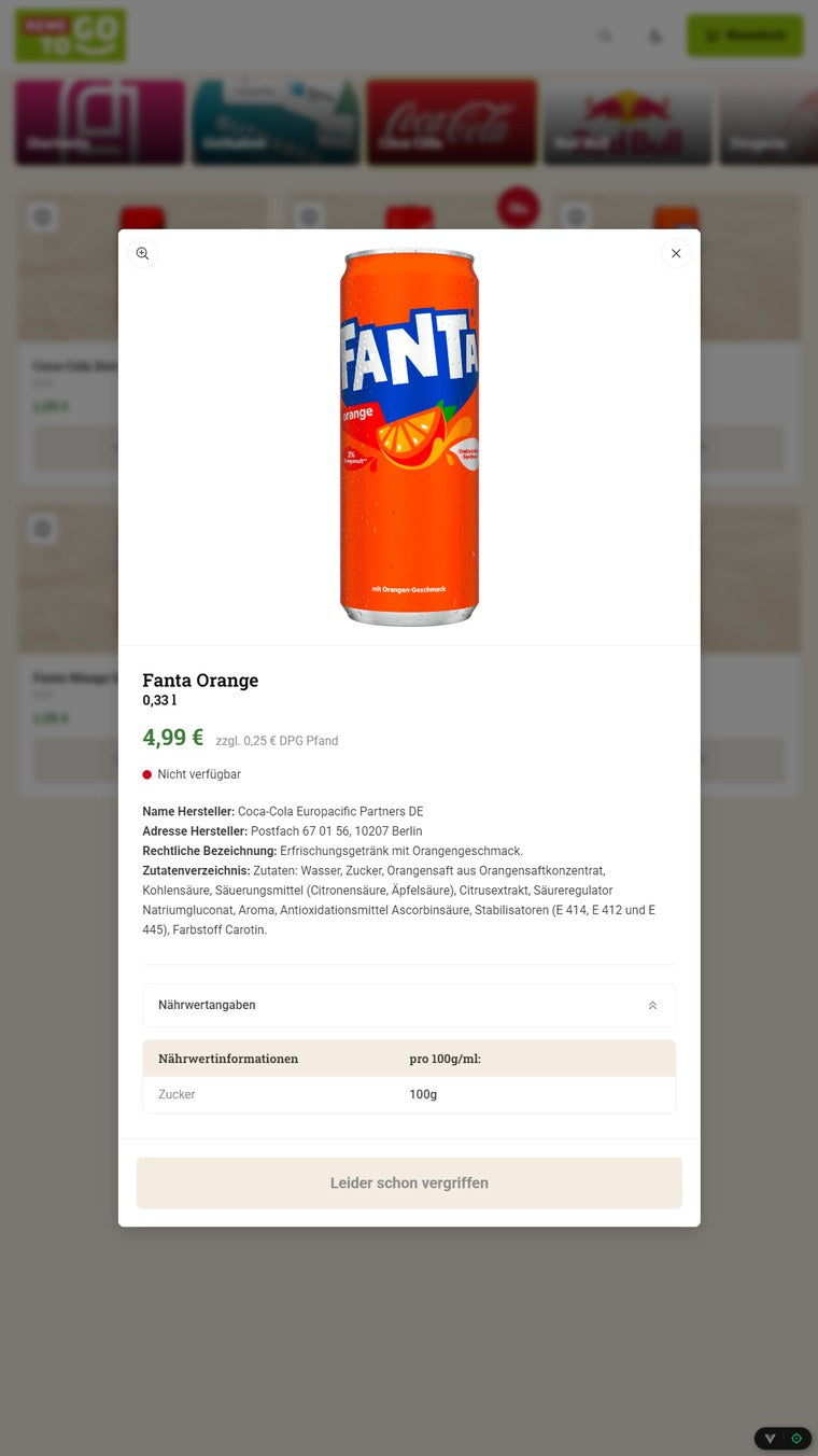 CleverCart Produktdetails mit Zutaten und N&auml;hrwerten