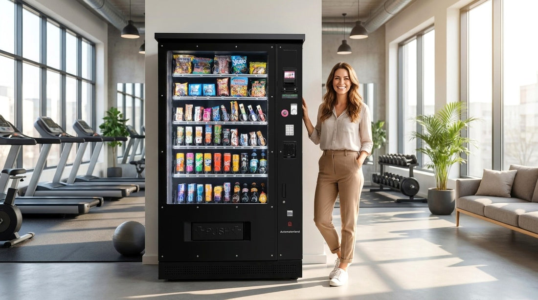 Betreiberin neben geprueftem gebrauchtem Automaten