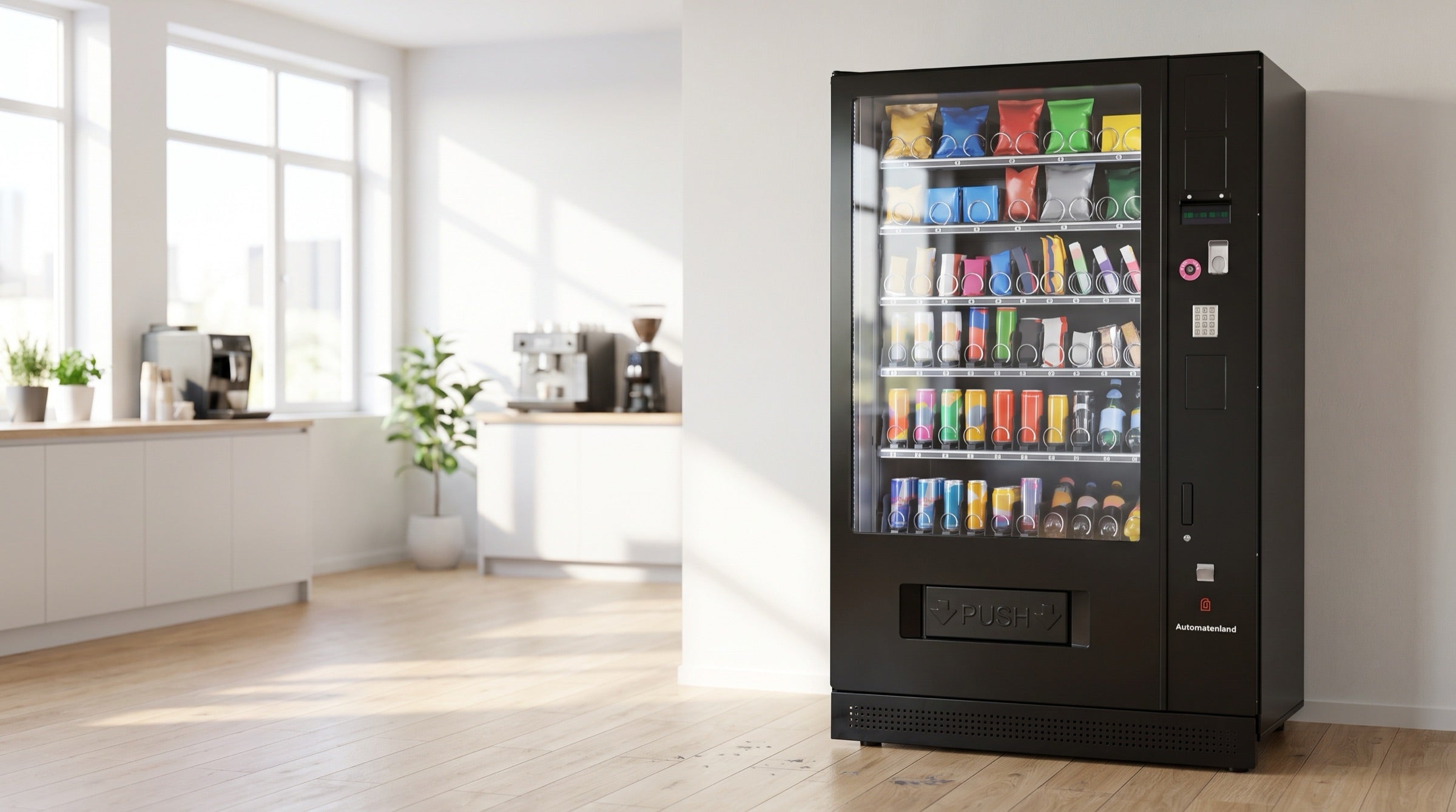 G-Snack Snackautomat an der Wand eines hellen Pausenraums