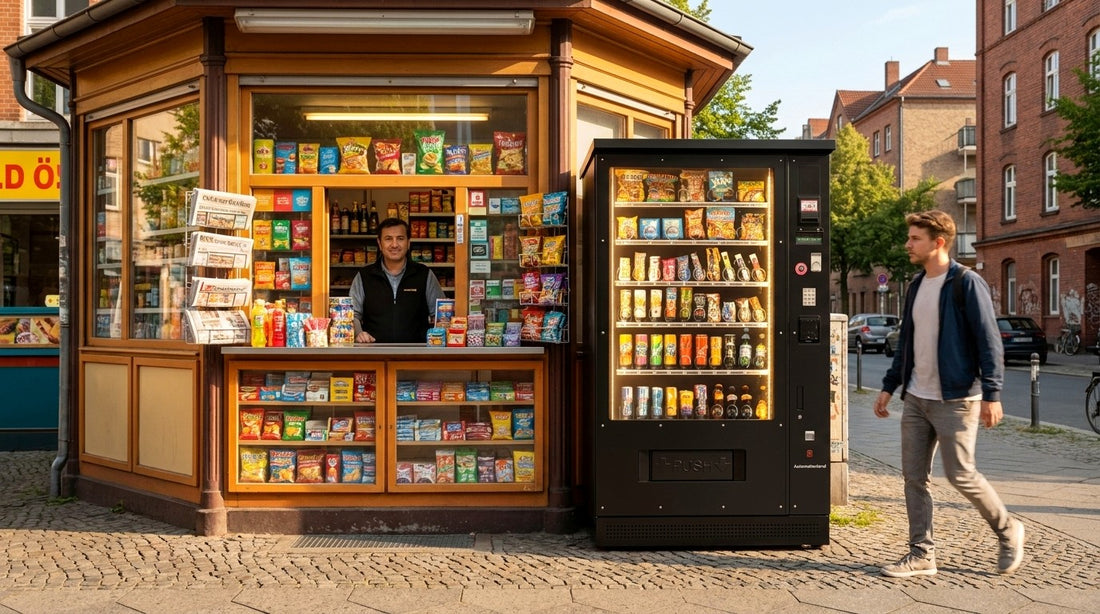 Traditioneller Kiosk mit Betreiber und G-Snack Automat daneben