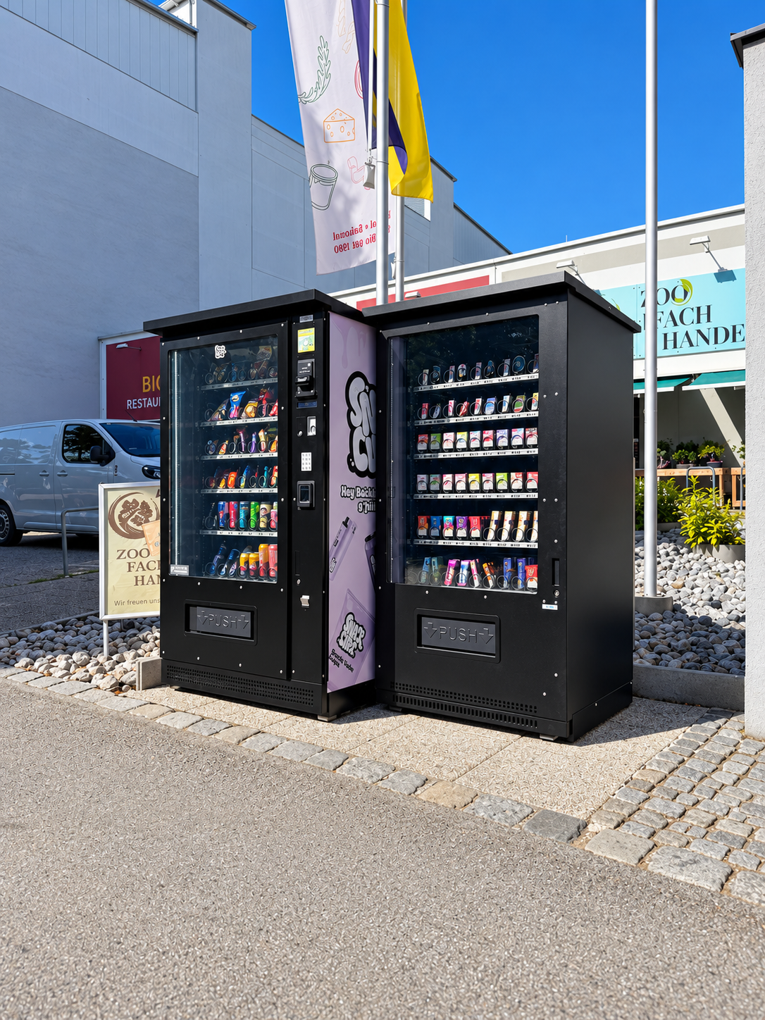 Zwei Automaten vor einem Geschäft
