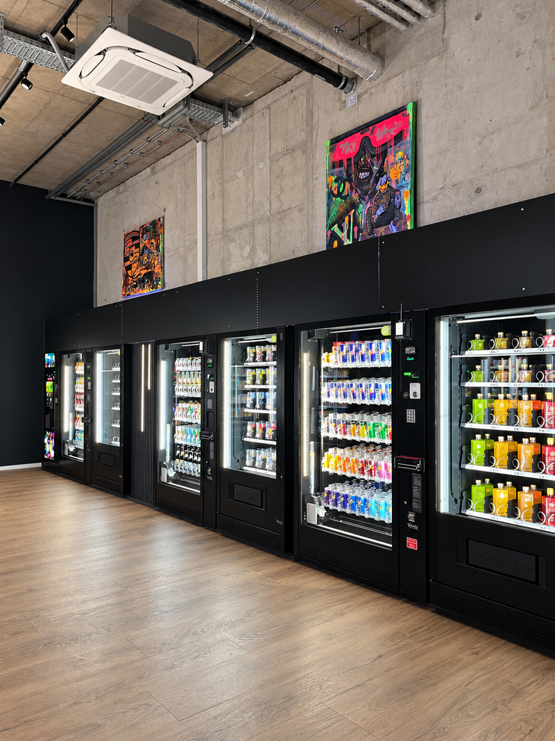 Lange Reihe beleuchteter Automaten in einer Eventlocation